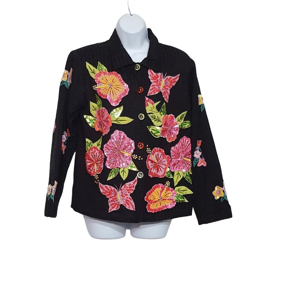 Vintage 80s 90s Quilted Jacket M Black Pink Floral Sequin Butterfly Granny Core